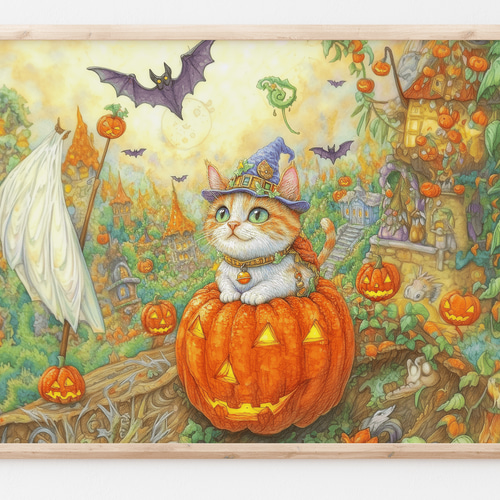 猫たちのハロウィン準備」シリーズ A4 ポスター イラスト 色鉛筆