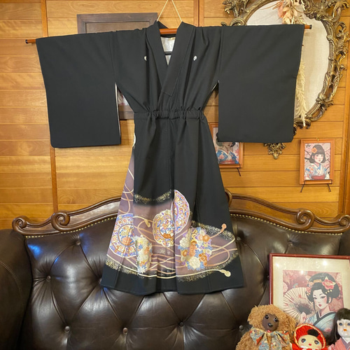 和洋折衷 黒留袖 着物 リメイク ワンピース ドレス 洗える 古着 素敵 
