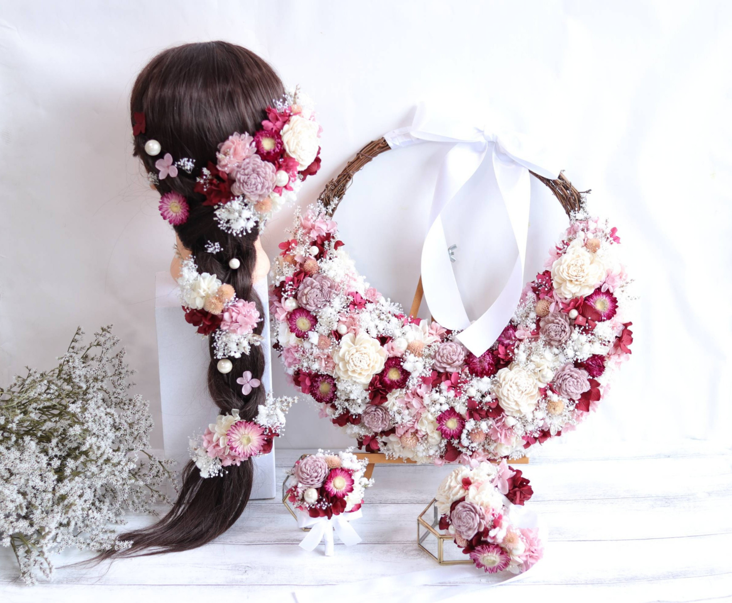 【カラーオーダーＯ】ナチュラルリースブーケ・ヘッドドレス・ブートニア３点セット＊リストレット追加＊プリザーブドフラワー