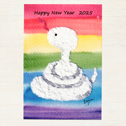 透明水彩画 ちぎり絵 3枚セット「虹と白へび」イラスト ポストカード