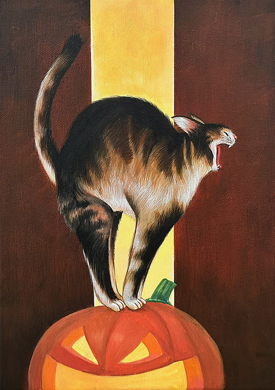 「ハロウィン　キャット」油絵　原画　オリジナル　１点物　絵画