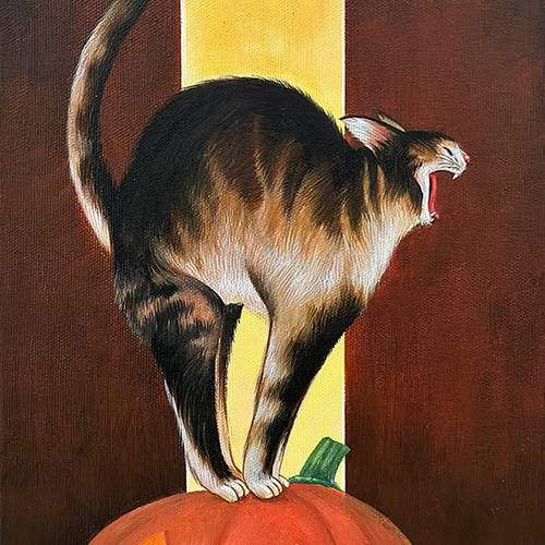 オリジナルアート作品「ハロウィンキャット」アクリル画、手描き