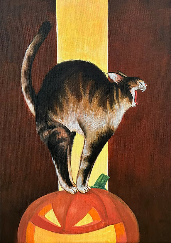 オリジナルアート作品「ハロウィンキャット」アクリル画、手描き