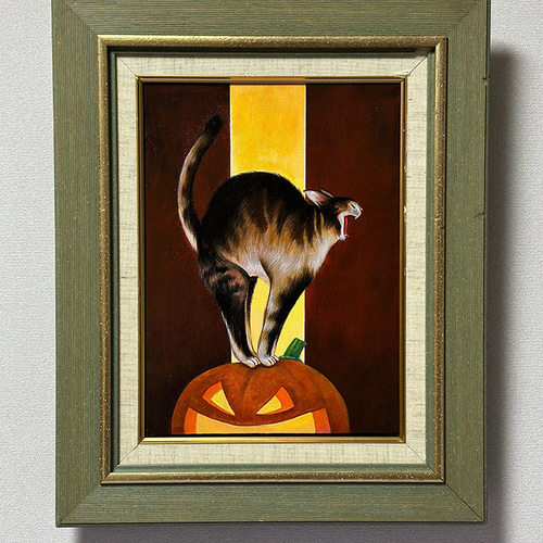 オリジナルアート作品「ハロウィンキャット」アクリル画、手描き