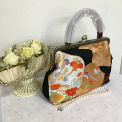 ハンドメイド・リメイク・帯・カバン・がま口バック・黒・2way
