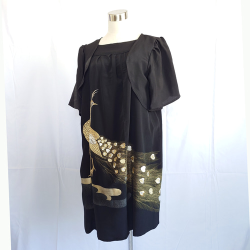 d39 LLサイズ ワンピース ボレロ付き 着物リメイク 正絹 着物ワンピース