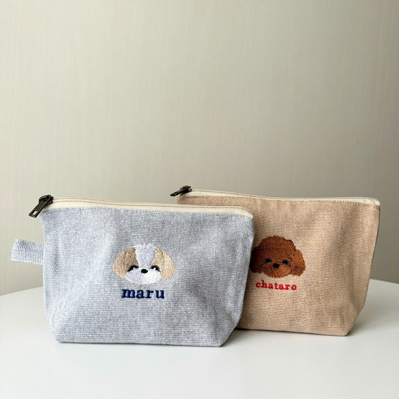 ポーチ｜うちの子刺繍＊名入れ＊やさしい犬モチーフのオーダー品