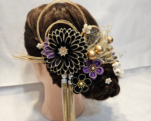 つまみ細工&水引&チュール 成人式、卒業式、婚礼髪飾り(黒、紫、白