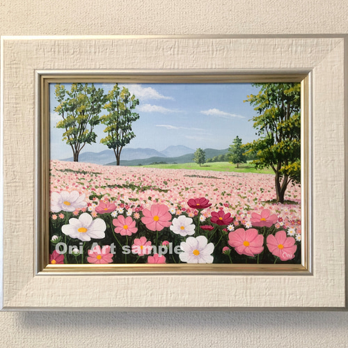 アクリル画　原画　「コスモスのフィールド05」額縁付　F4サイズ　キャンバス アクリル画原画「コスモスのフィールド05」額縁付F4サイズキャンバス
