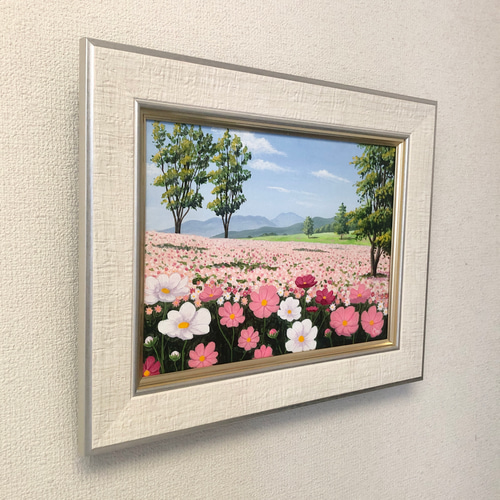 アクリル画　原画　「コスモスのフィールド05」額縁付　F4サイズ　キャンバス コスモスのフィールド05」アクリル画 額縁付 原画 キャンバス F4