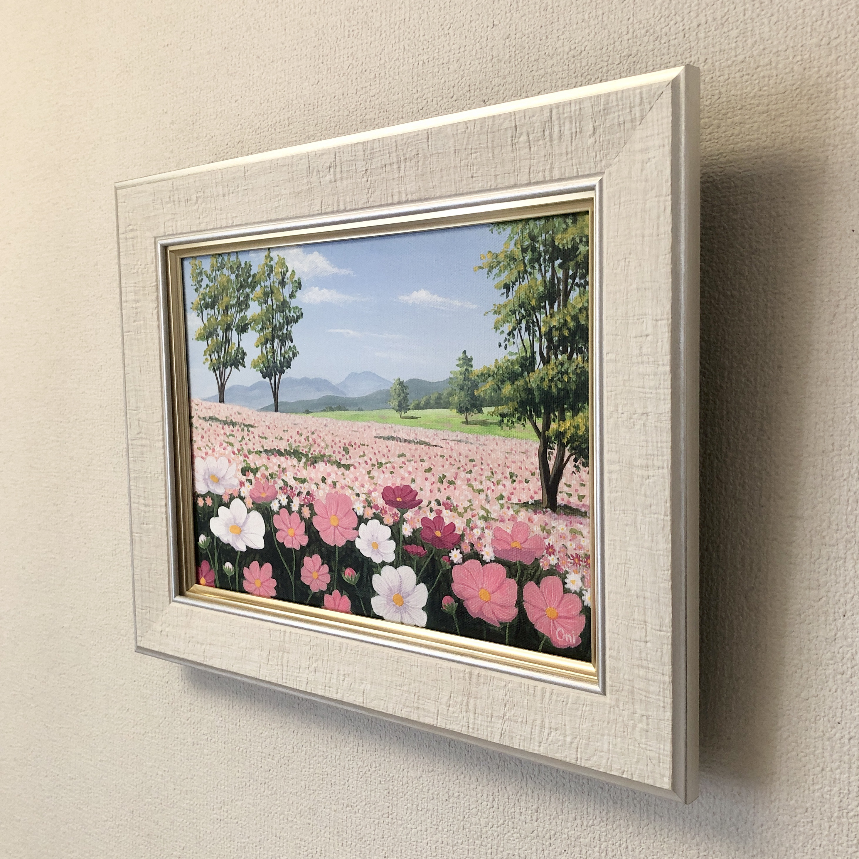 アクリル画　原画　「コスモスのフィールド05」額縁付　F4サイズ　キャンバス コスモスのフィールド05」アクリル画 額縁付 原画 キャンバス F4