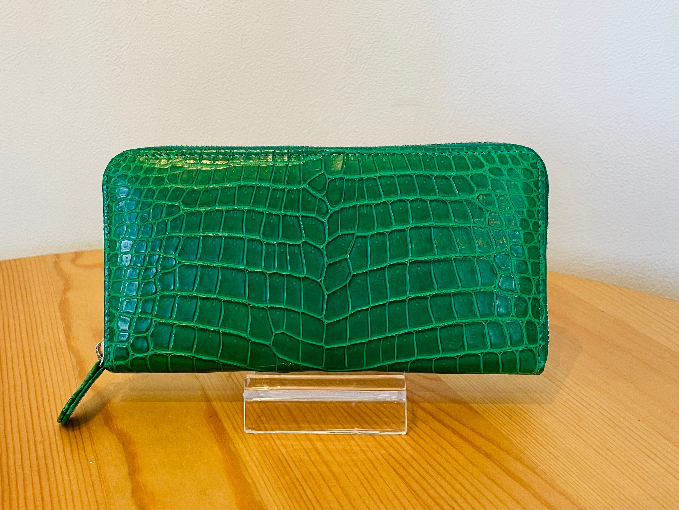 日本の職人が作った　クロコダイル　ラウンドファスナーウォレット　ケンタッキーグリーン　送料無料
