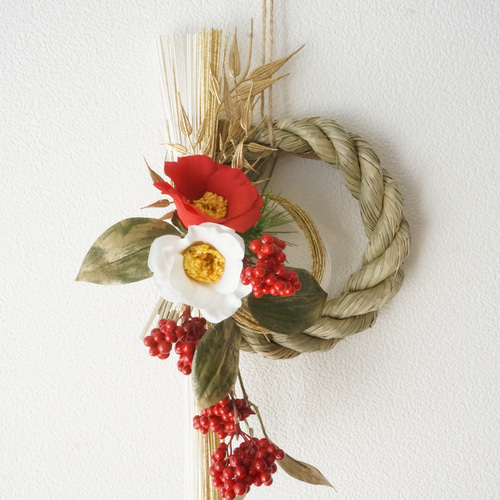 2025年新作・最後の1点】紅白椿と竹のお正月飾り しめ縄・しめ飾り