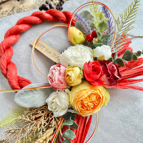 No.123 ローズブーケのしめ縄リース2025 ハンドメイドお正月飾り玄関