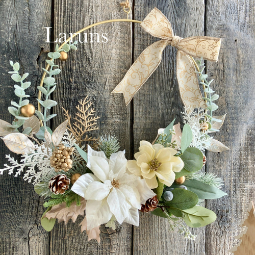 白のポインセチアとユーカリのクリスマスリース ｱｰﾃｨﾌｨｼｬﾙ使用 35