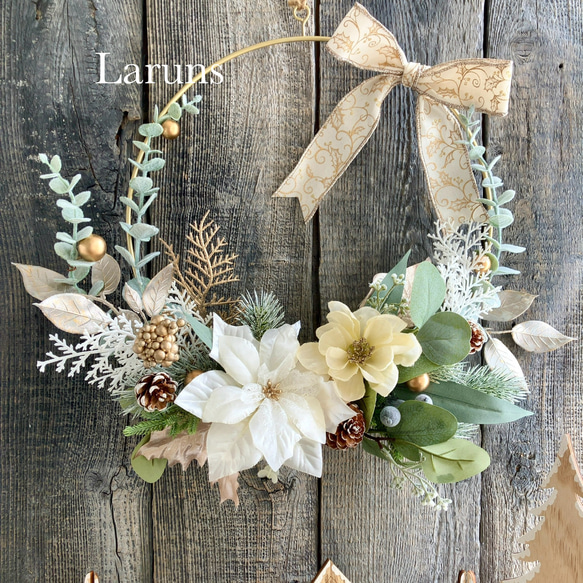 白のポインセチアとユーカリのクリスマスリース ｱｰﾃｨﾌｨｼｬﾙ使用 35