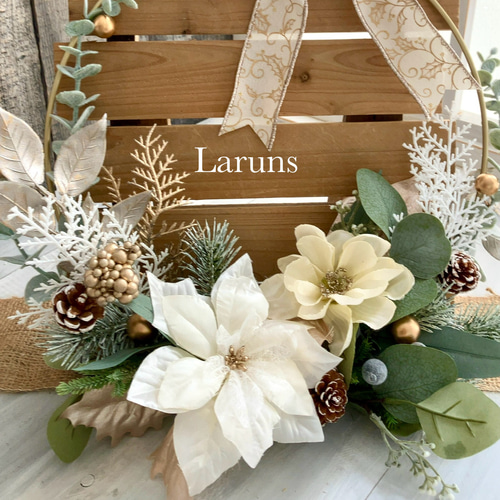 白のポインセチアとユーカリのクリスマスリース ｱｰﾃｨﾌｨｼｬﾙ使用 35