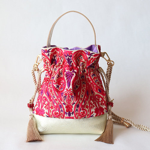 インド刺繍リボンと牛革レザーの2way 巾着ミニバッグ ショルダー Red