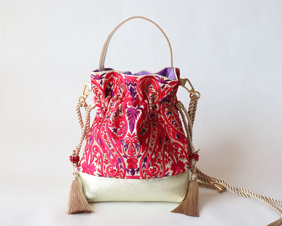 インド刺繍リボンと牛革レザーの2way 巾着ミニバッグ ショルダー