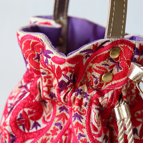 インド刺繍リボンと牛革レザーの2way 巾着ミニバッグ ショルダー