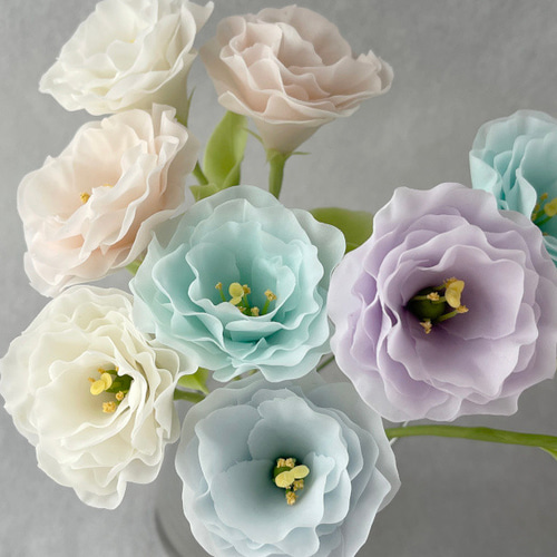 パンフラワー、紫陽花5種類とトルコキキョウ(樹脂粘土、ハンドメイド) パンフラワー、紫陽花5種類とトルコキキョウ(樹脂粘土