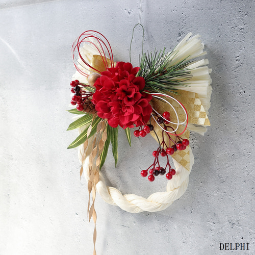 ダリアと赤い実のしめ縄リース（キナリ）【アーティフィシャルフラワー