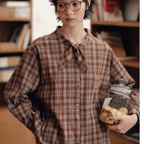 ◇ 新作【秋冬のチェック シャツ フロントリボン】リボンタイT-00087