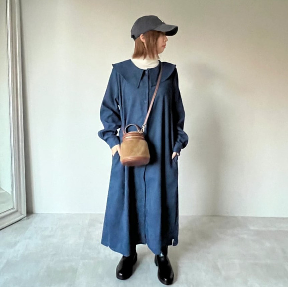 新作】ブルーコーデュロイのビッグカラーワンピ 羽織にも