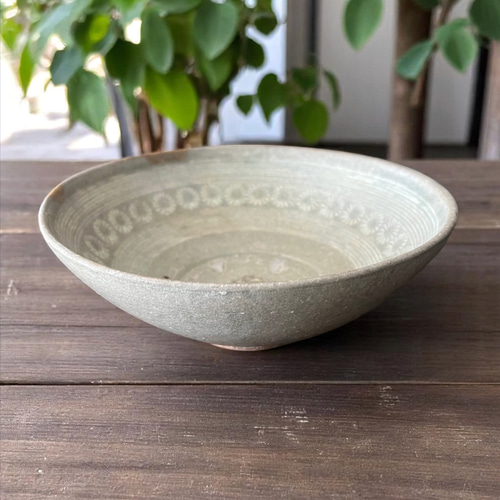 B312 時代古作 在銘 李朝三島白象嵌菓子鉢 直径22.3㎝ 茶道具 DD