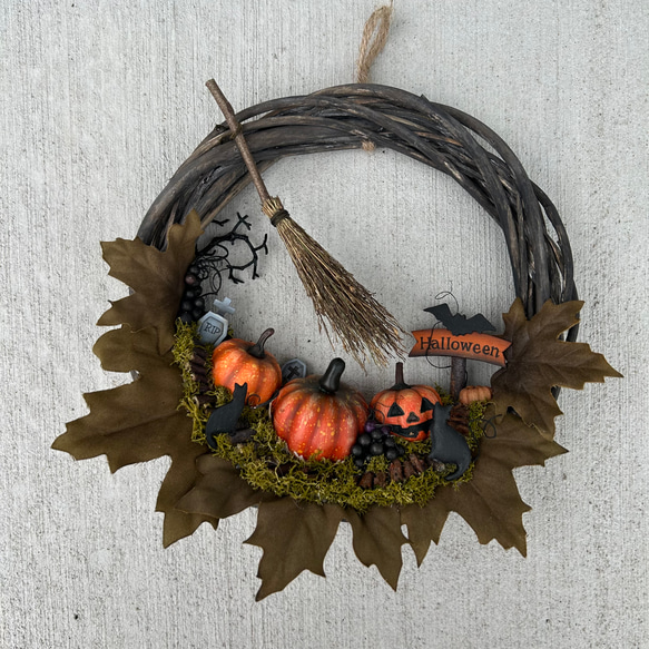 ハッピーハロウィンリース②★Halloween箱庭リース★ほうき付き★ 2枚目の画像