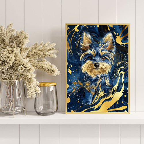 アクリル画 犬 ヨークシャテリア 絵画 青と金 - ヨークシャーテリア犬 No.3】ヨーキー・ペットロス