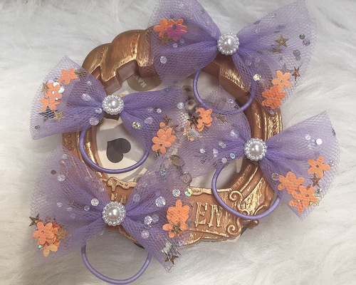 ハンドメイド★ベビー＆キッズリボンヘアゴム★紫★ハート★ふわふわチュール付き ハンドメイド☆ベビー＆キッズリボンヘアゴム☆紫☆ハート
