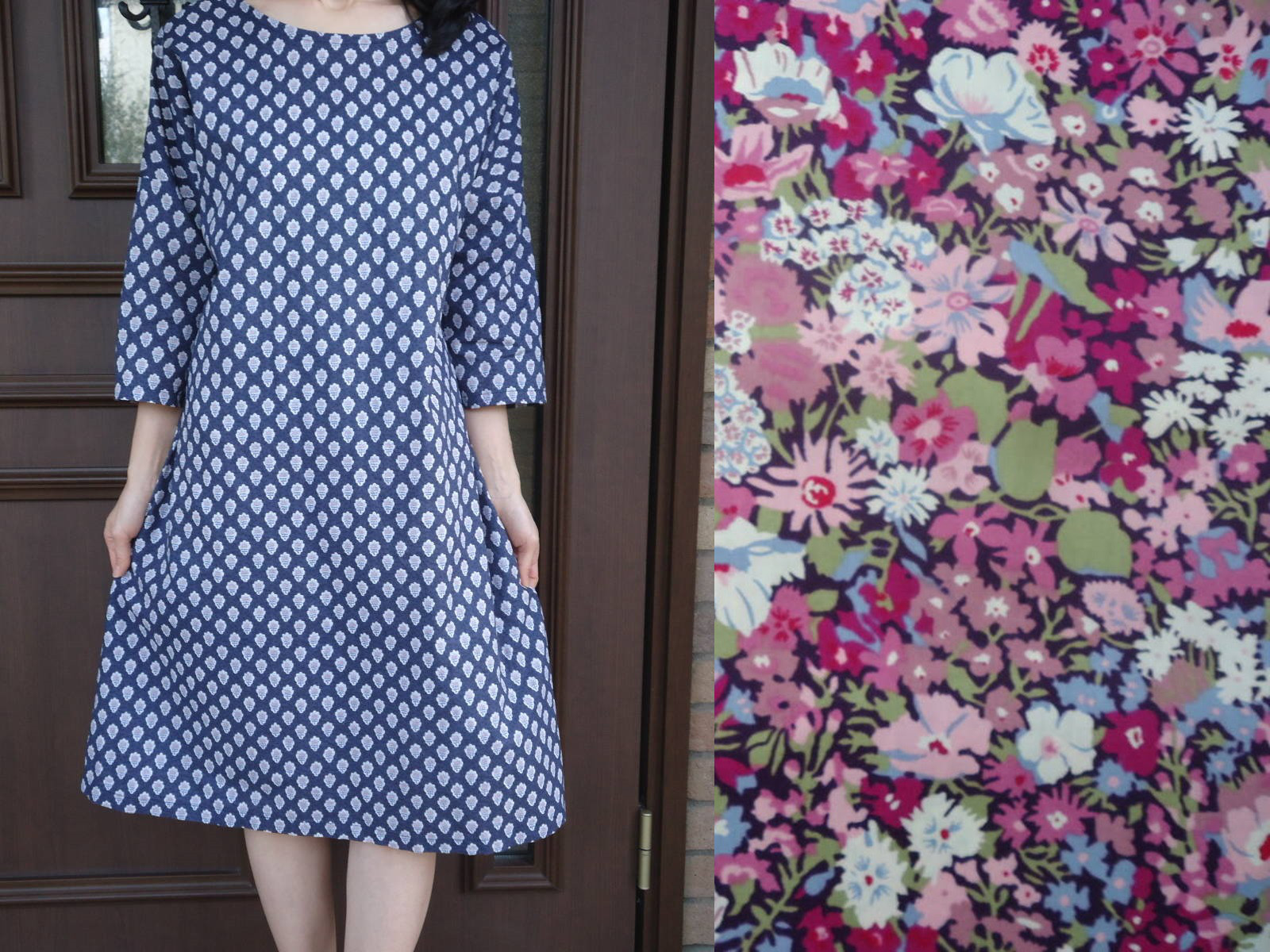 リバティタナローン Thorpe(ソープ）の七分袖ドロップショルダーワンピース◆ M～L（サイズアップも♪）