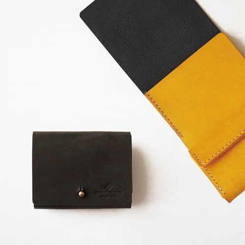 使いやすい 三つ折り財布 （ギボシVer）【ブラック×イエロー】 革