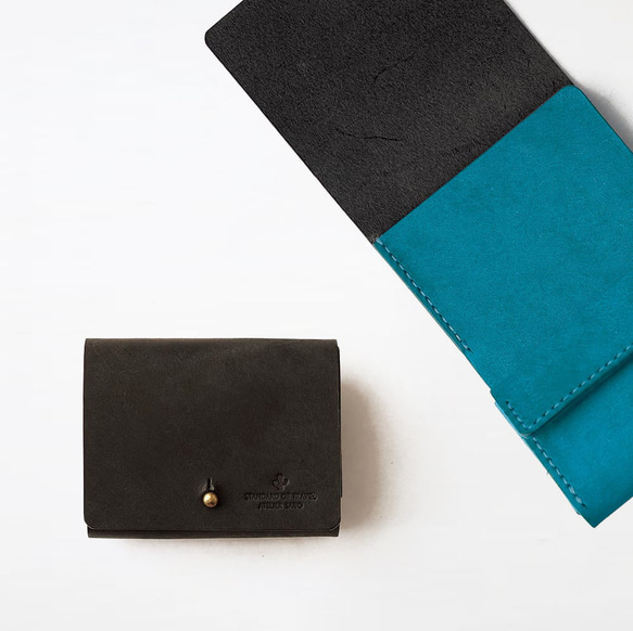 使いやすい 三つ折り財布 （ギボシVer）【ブラック×ターコイズ