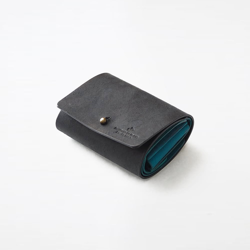 使いやすい 三つ折り財布 （ギボシVer）【ブラック×ターコイズ】 革