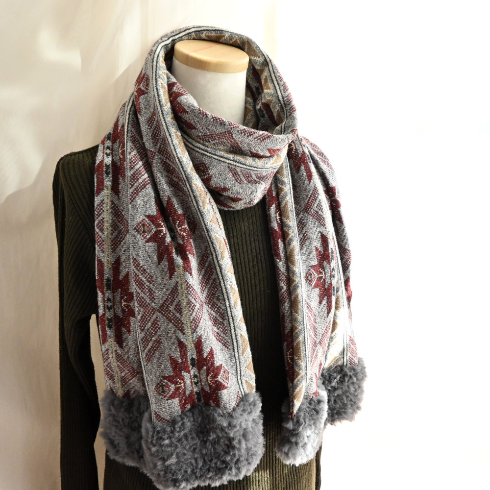 【ラスト1点】大人 トラディショナル調 ジャズネップ×ふわふわファー 異素材 マフラー