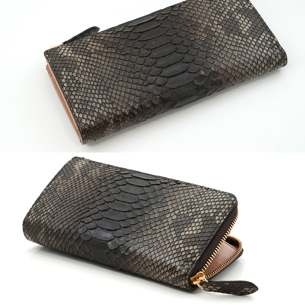 【受注生産】キングパイソン で仕立てた L字ファスナー 長財布 蛇革 財布 チョコグラデーション