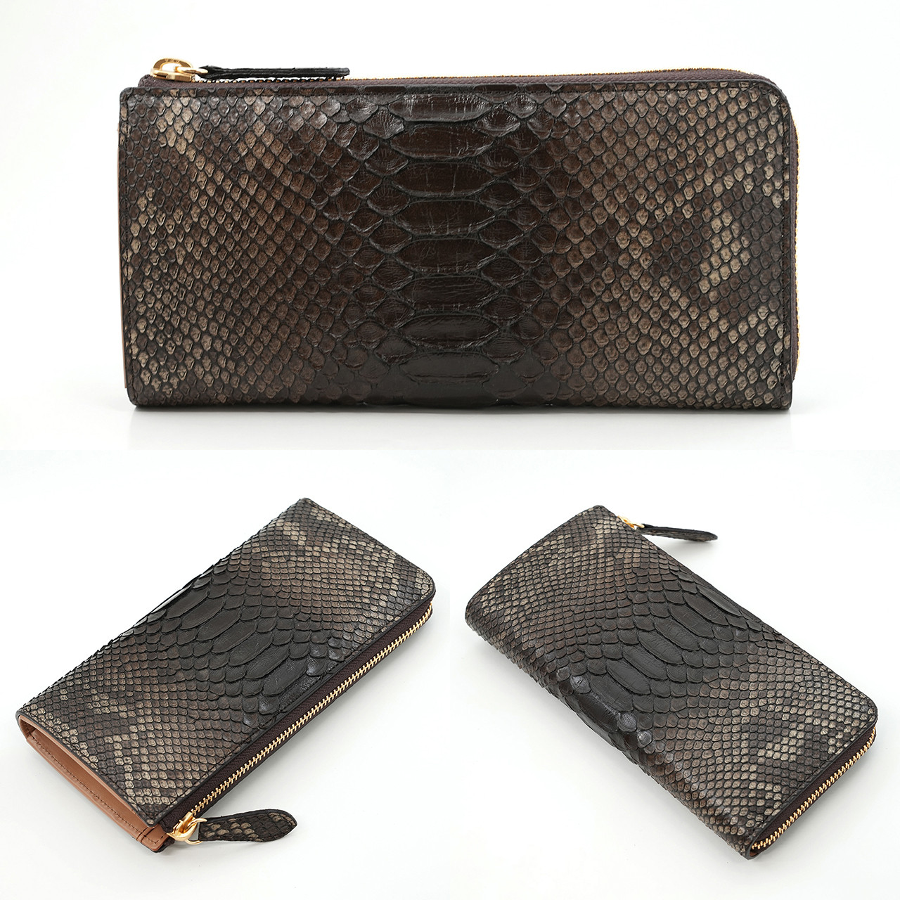 【受注生産】キングパイソン で仕立てた L字ファスナー 長財布 蛇革 財布 チョコグラデーション