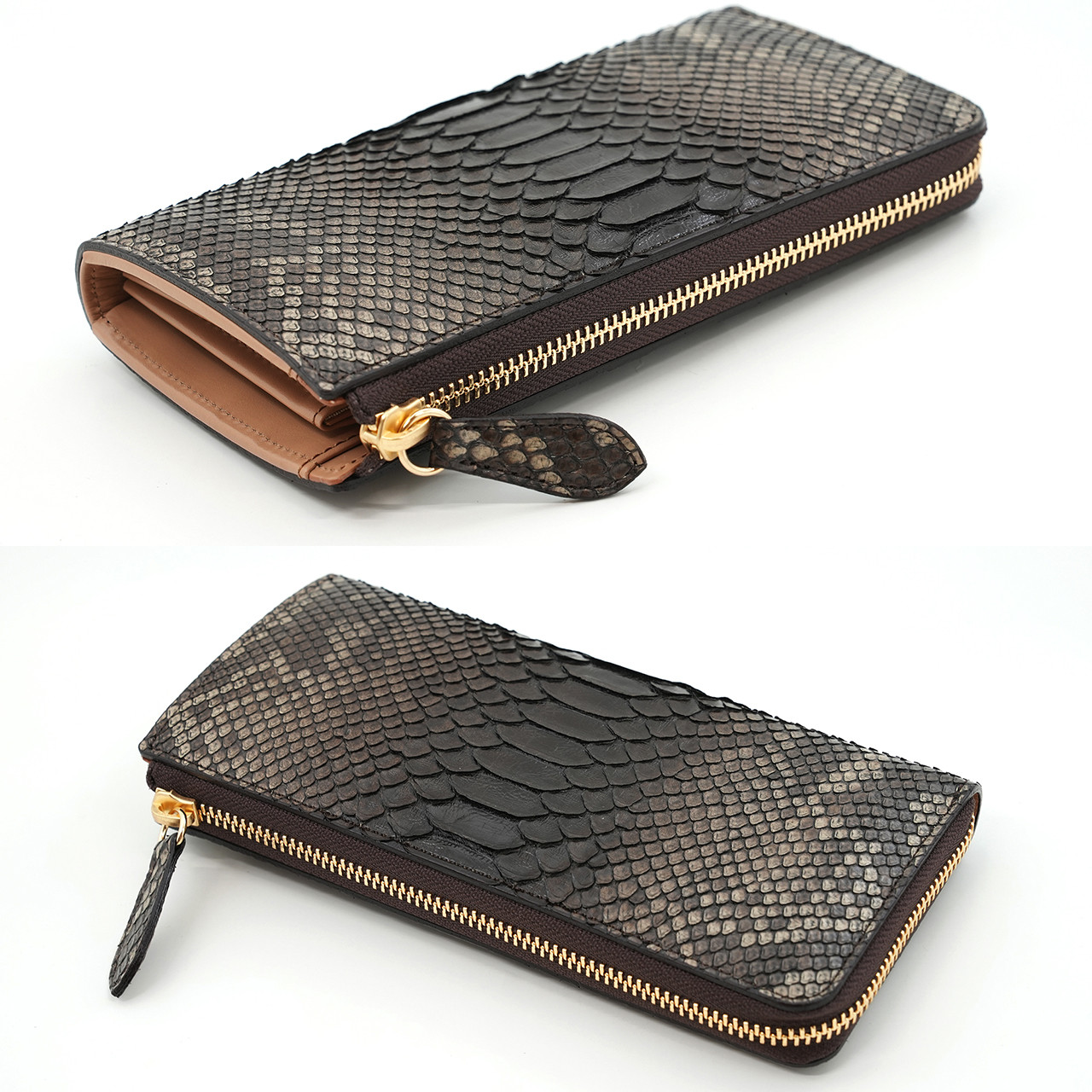 【受注生産】キングパイソン で仕立てた L字ファスナー 長財布 蛇革 財布 チョコグラデーション