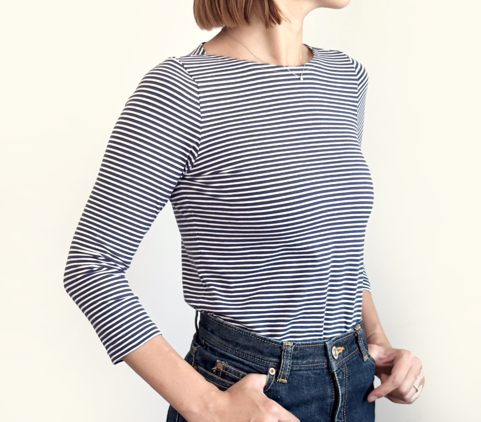 【7分袖】【フランス製生地 使用】形にこだわった フレンチボーダー ボートネックTシャツ【カラー・サイズ展開有】