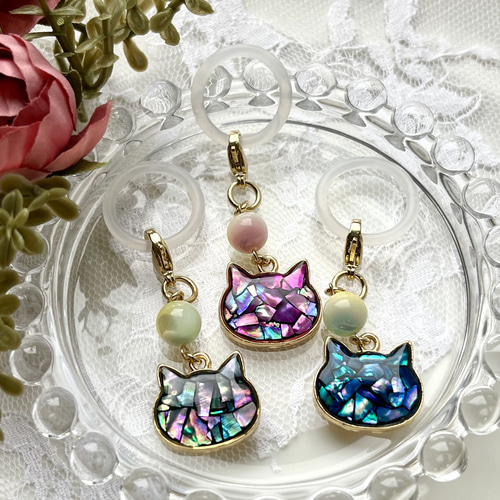 【人気商品！】 再販 レジン 螺鈿細工風の猫ちゃん アンブレラマーカー 傘・日傘 チャーム