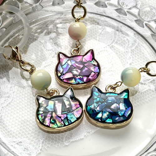 再販 レジン 螺鈿細工風の猫ちゃん アンブレラマーカー 傘・日傘