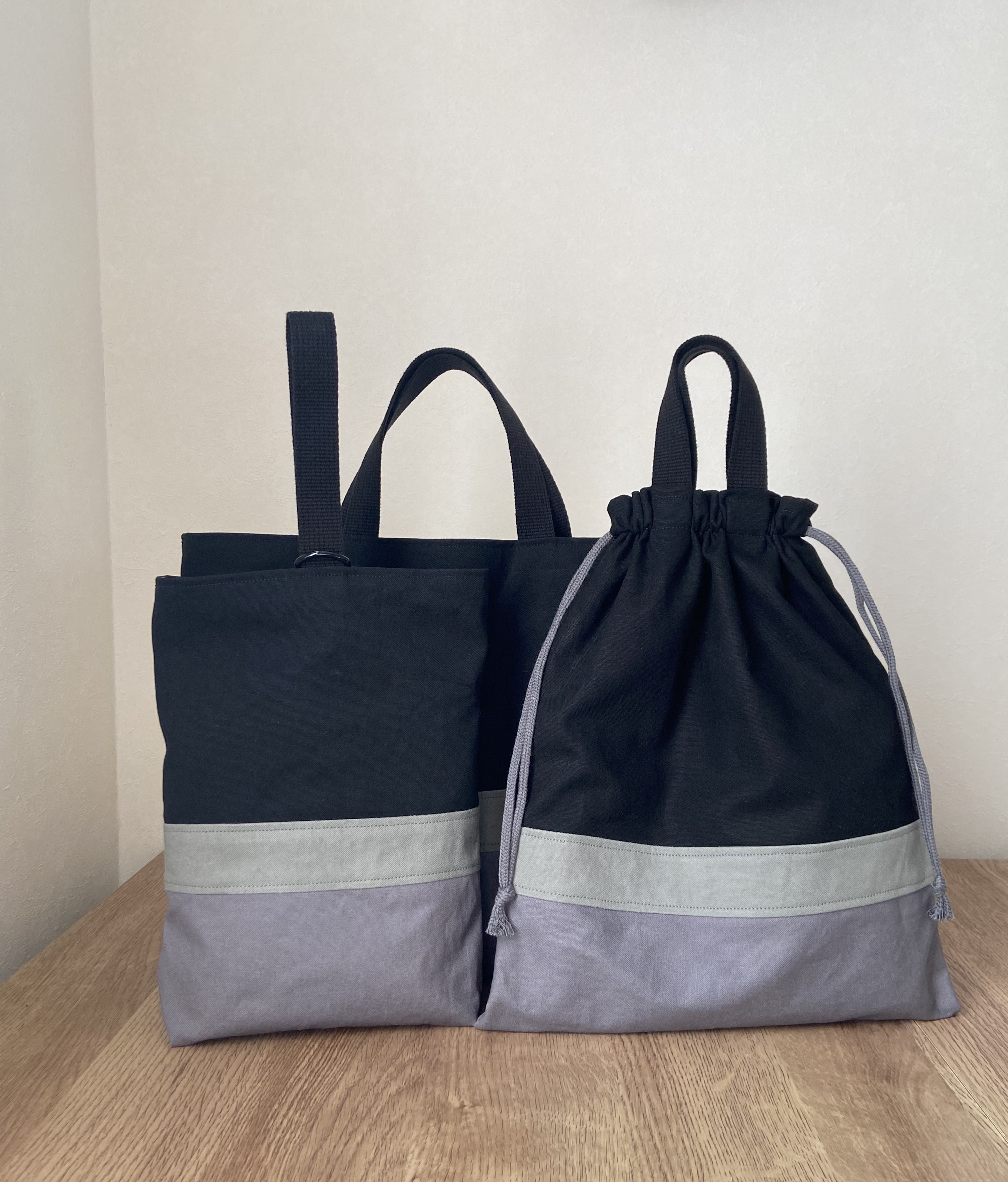 【受注生産】レッスンバッグ  11号帆布・シューズバッグ・体操着袋（持ち手付き）3点セット  ブラック／グレー 6,622円
