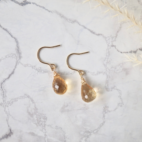 シトリン の14kgfピアス 天然石 黄色 金属アレルギー対応 ゴールド 母