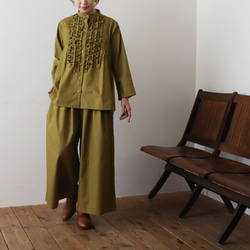 ⁑ラスト１　上下セットアップ　ギマ擬麻コットン　小花フリル　シャツ　ワイド幅広パンツA98 14枚目の画像