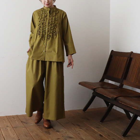 ⁑ラスト１　上下セットアップ　ギマ擬麻コットン　小花フリル　シャツ　ワイド幅広パンツA98 14枚目の画像