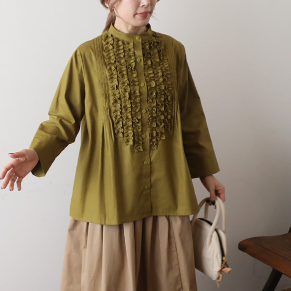 ⁑ラスト１　上下セットアップ　ギマ擬麻コットン　小花フリル　シャツ　ワイド幅広パンツA98 7枚目の画像