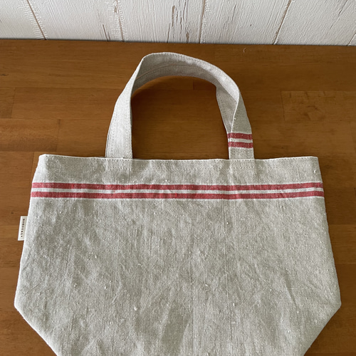 アンティークリネンマングルクロス 赤2本×白ラインのトート