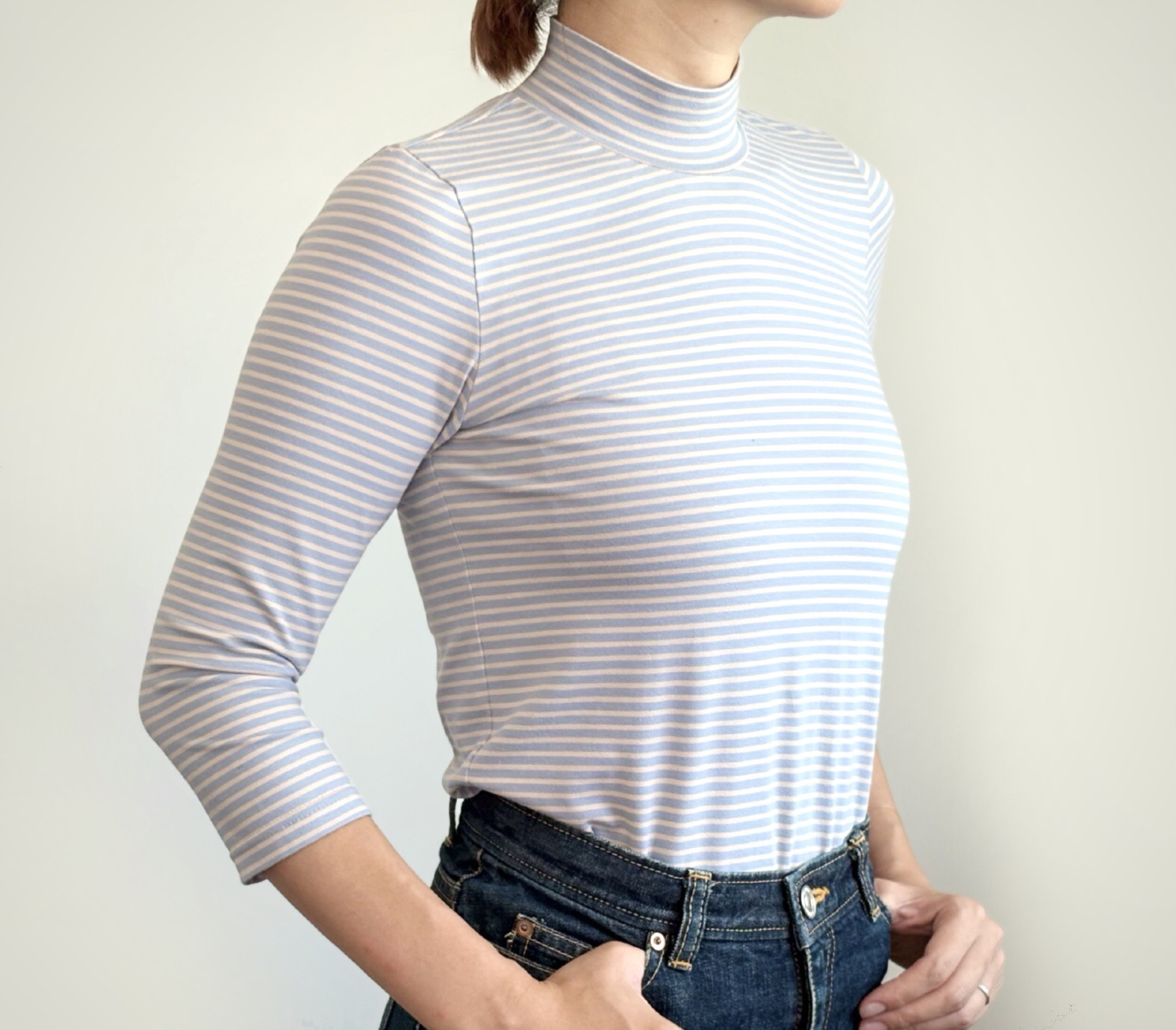【7分袖】【フランス製生地 使用】形にこだわった フレンチボーダー ハイネックTシャツ【カラー・サイズ展開有】